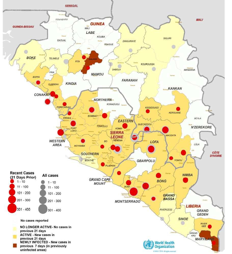 Географска дистрибуција На графикону 5. приказана је дистрибуција случајева ЕВО у земљама са великом географском раширеношћу и интензивном трансмисијом вируса еболе.