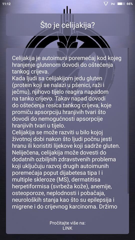 Prva dva gumba aplikacije sadrže informacije o tome što je celijakija i o simptomima, prikazano na slici 5.4.