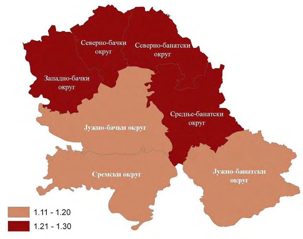 Слика 12. Индекс старења становништва 2021. Године Контингент остарелог становништва (80 и више година) Остарело становништво ће бележити најбржи раст и његов број у АП Војводини ће порасти до 2021.