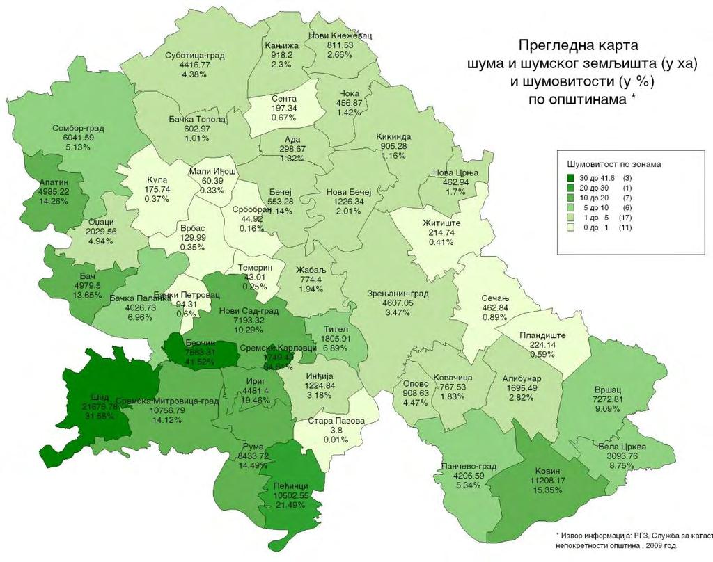 Слика 3. Прегледна карта шума и шумског земљишта (у ха) и шумовитости (у %) по општинама У шумама Војводине има 27 заштићених делова природе. Укупна површина заштићених делова природе је 94.