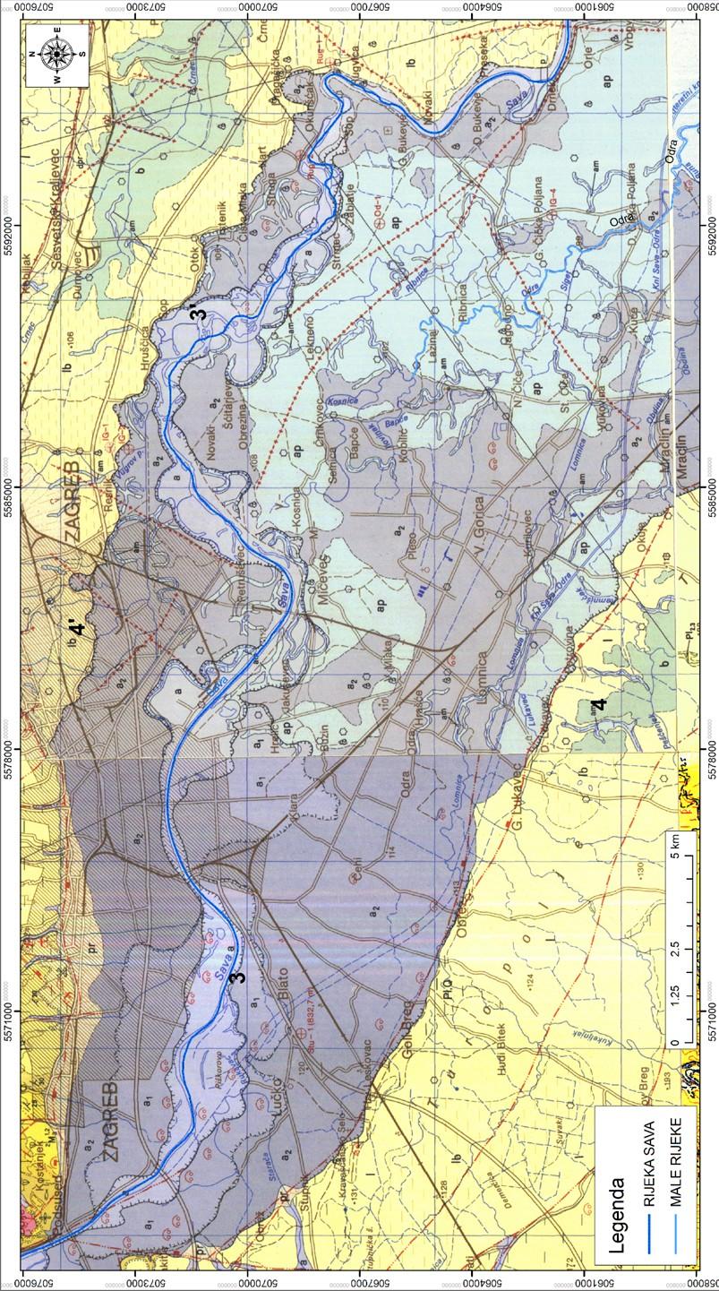 Tumač oznaka: a aluvij: šljunci, pijesci i gline; a1 najniža terasa: šljunci, pijesci, podređeno gline; a2 srednja terasa: šljunci i pijesci; pr proluvij: šljunci, pijesci i gline; l kopneni