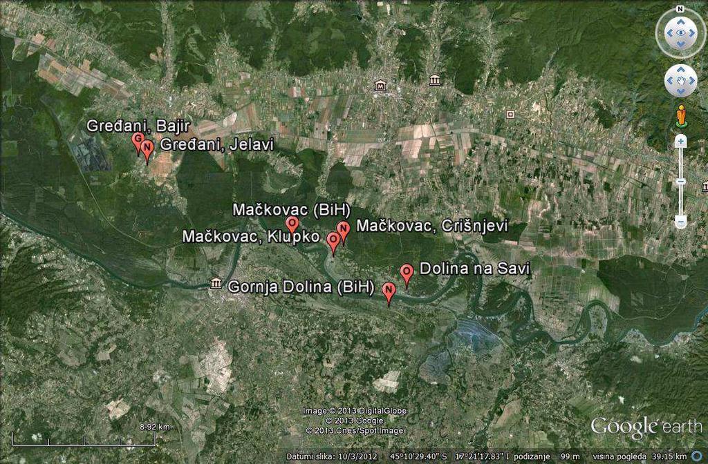 Slika 5. Mikrotopografija (O ostava, N naselje, G groblje) (izvor: Google earth) Na mikrotopografskoj karti vidljivo je nekoliko lokaliteta u blizini nekropole u Gređanima.