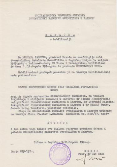 Diploma o habilitaciji dr. Mustafe Ćatovića, 1970.