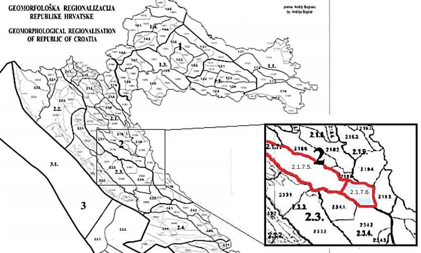 Sl. 2. Geomorfološki položaj južnog i jugoistočnog Velebita: 2. Dinarski gorski sustav; 2.1. Gorska Hrvatska; 2.1.7. Gorski hrbat masiv Velebita; 2.1.7.5. Gorski hrbat Južnog Velebita i 2.1.7.6.