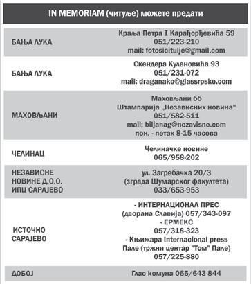 O`alo{}eni: suprug Dragan, k}erka Bo`ana, sestra Vasiqka, bra}a Milan, Dragan, Milorad te ostala rodbina i prijateqi 1834 A-8 G voqenoj majci voqenoj sestri Sahrana }e se obaviti u ponedjeqak, 4.1.2016.