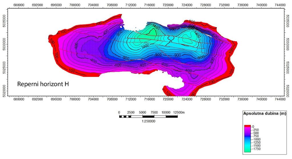 Karta po repernom horizontu H (Rs7) Izolinije na strukturnoj karti plohe H gušće su u odnosu na ostale karte, a najdublje vrijednosti su do -1750 m.