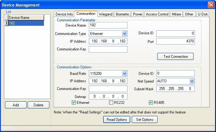 4. Upravljanje Uređajima Communication Options: Naznačuje opcije komunikacije FP uređaja.