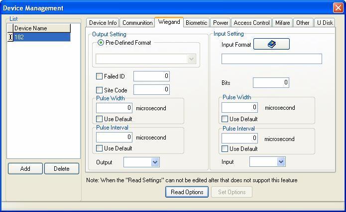 4. Upravljanje Uređajima Pritisak na [Read Options] pribavlja sve wiegand parameter uređaja. Wiegand postavke uključuju Wiegand output i input postavke.