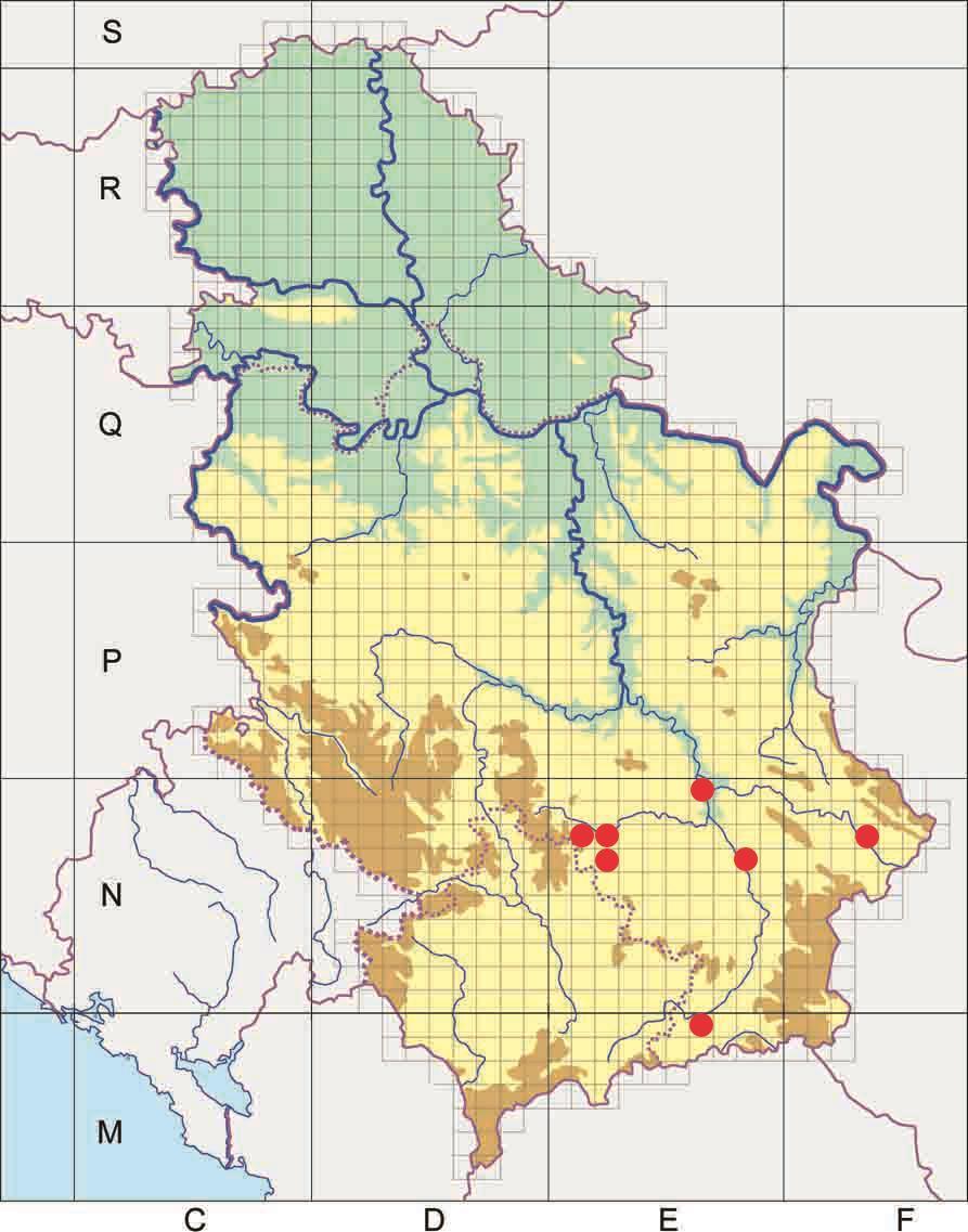 Slika 4. Karta istraživanog područja. Na terenu su izvršena merenja sledećih makromorfoloških karaktera: 1.