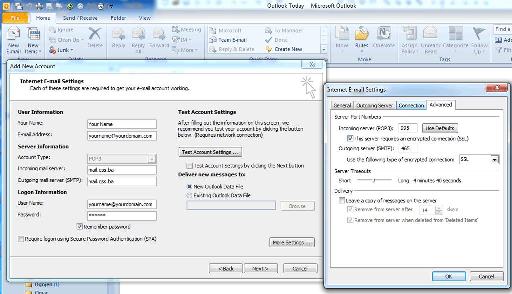 outgoing server (SMTP) requires authentication i izabrati prvu opciju Use same settings as my incoming mail server kreiranje 2010-5