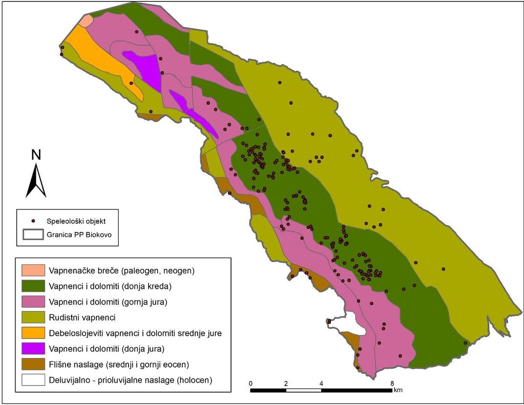 4.2. Osnos prostornog rasporeda spleoloških objekata i geološke građe Najveći površinu PP Biokovo uglavnom prekrivaju vapnenačke i dolomitne stijene (96 %) 