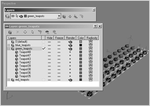 Poglavàe 2 Osovi kocepti programa 3ds max 6 19 Prozor Layers Maager Na slici 2.10 prikaza je otvore prozor Layers Maager. Scea sadræi åetiri sloja.