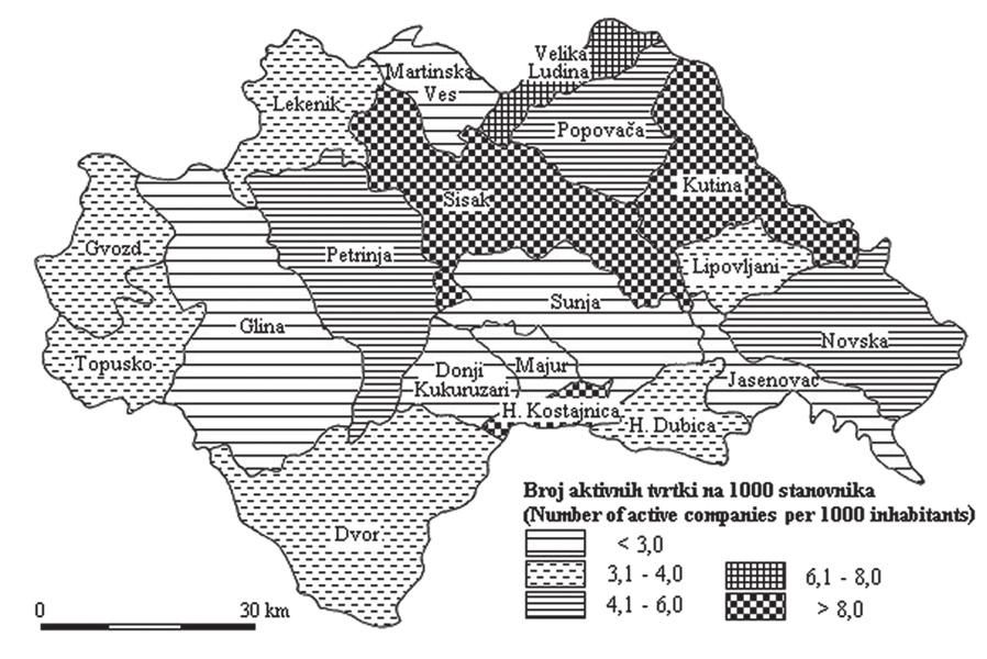 Slika 5. Gustoća sjedišta aktivnih tvrtki u Sisačko-moslavačkoj županiji 2005.