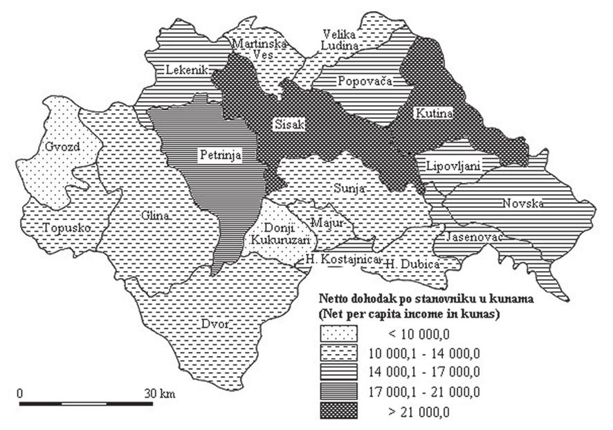 Tablica 6. Ostvareni neto-dohodak i izvoz po stanovniku u prostornim cjelinama Sisačko-moslavačke županije 2005.