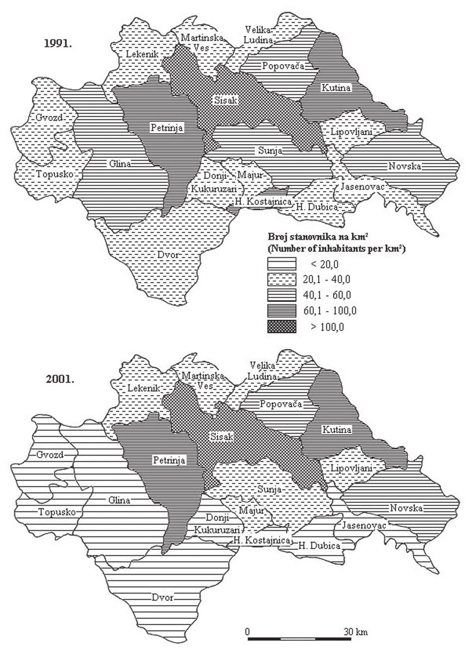 Slika 2. Gustoća naseljenosti Sisačko-moslavačke županije 1991. i 2001.