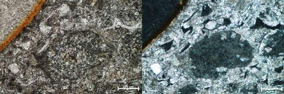 G.-7. Vidi se plovućac duljine oko 0,700 mm (Lijeva slika bez analizatora, desna slika s analizatorom) Slika 5.2.4. Mikrofotografija izbruska iz uzorka A.G.-7. Vidi se plovućac (Lijeva slika bez analizatora, desna slika s analizatorom) Udio mineralnih zrna, kao što je navedno u gornjem dijelu teksta, je jako mali.