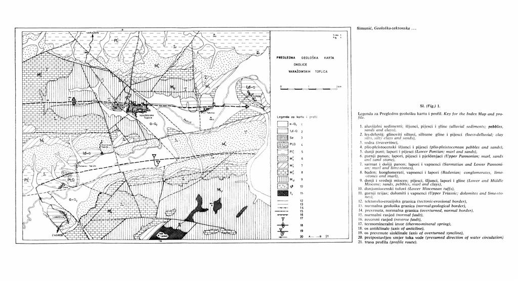 Šimunić, Geološko-tektonska SI. (Fig.) 1. Legenda za Preglednu geološku kartu i profil. Key for the Index Map and profile. 1. aluvijalni sedimenti; šljunci, pijesci i gline (alluvial sands and clays), sediments; pebbles, 2.