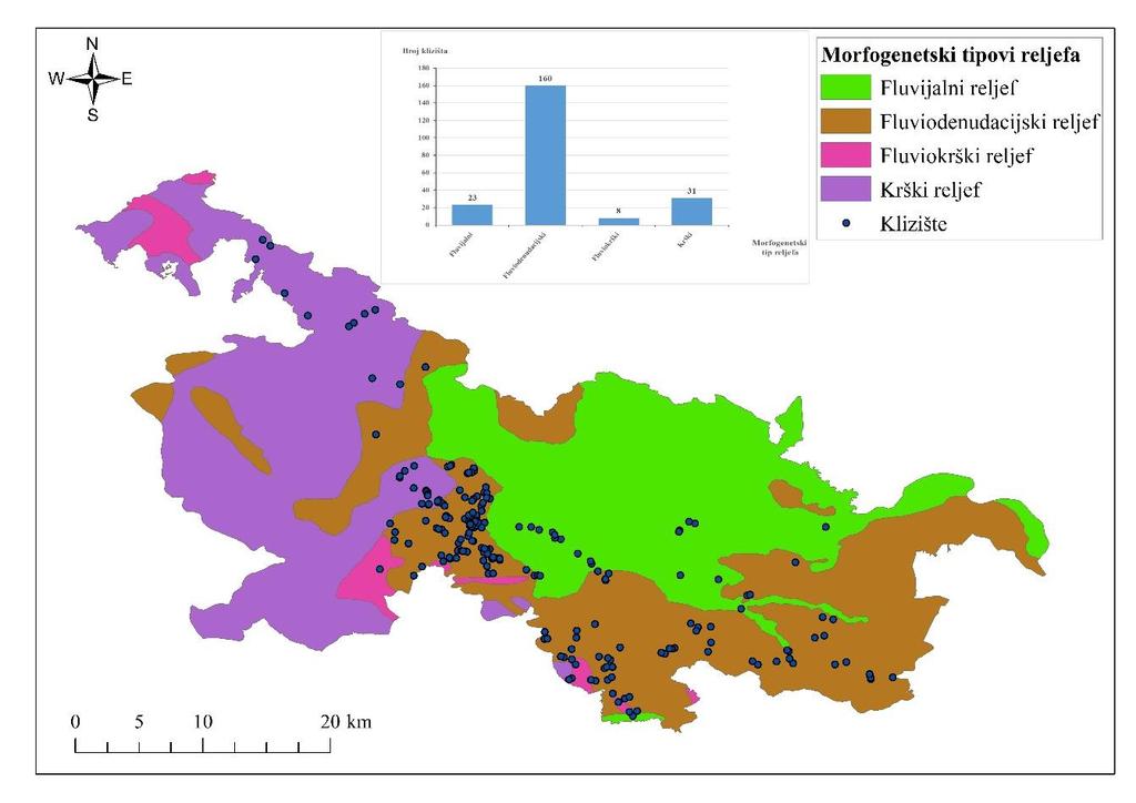 4.4. Utjecaj morfogenetskih tipova reljefa i klizišta Sl. 23. Morfogenetski tipovi reljefa sa lokacijama klizišta Izvor: prema Bočić i dr.