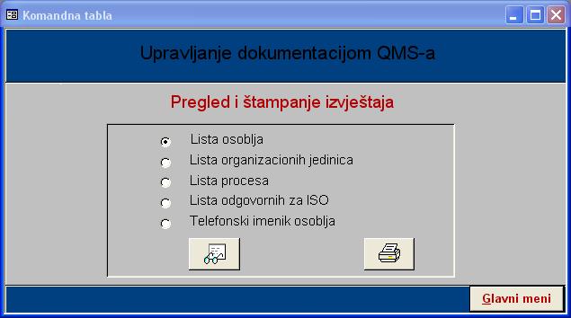 a) Lista osoblja b) Lista organizacionih jedinica c) Matrica odgovornosti d) Lista odgovornih lica za ISO - spisak odgovornih lica. e) Telefonski imenik osoblja.