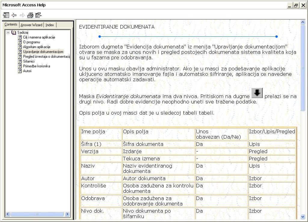 7. Korišćenje Help-a Pri korišćenju aplikacije QDoc pritiskom na taster <F1> otvara se prozor sa Help fajlom (slika 12.1). Istu akciju moguće je izvršiti pomoću komandnog dugmeta u Toolbar-u.