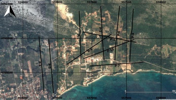 4. TERENSKI POSTUPAK Mjerenja su se izvela na 10 tomografskih profila označenih s P-1 P-10, ukupne duljine od 8 km. Duljine profila iznosile su 800 metara. Njihov položaj prikazan je na slici 4-1.