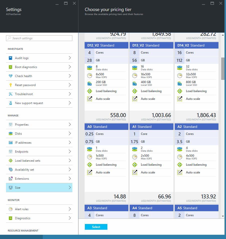 Пример Microsoft Azure мењање хардверске конфигурације постојеће