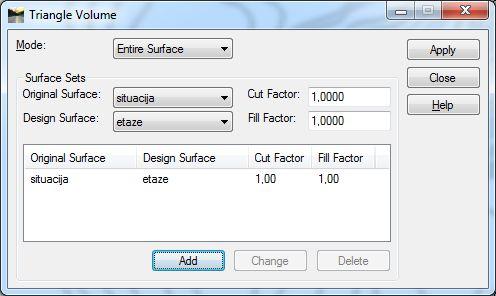U prozorčiću koji se pojavi na ekranu odabiru se dvije već ranije triangulirane površine, a to su situacija.dtm i etaze.