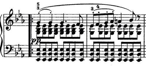 U 9.taktu dolazimo do pulsirajućih akorada u trajanju osminke. Vježbamo ih na način da krenemo sa vježbanjem jednog tona akorda, pa postupno dodajemo ostale tonove koji nedostaju.