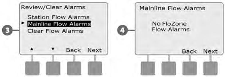 Pregled alarma za protok opskrbnog voda Okrenite odabirač programatora na Module Status 4 Pojavljuje se ekran "Review/Clear Alarms" pregled i brisanje alarma.