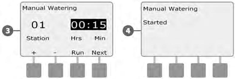 Ručno pokretanje stanice NAPOMENA: Ručnim pokretanjem stanice pauzirat će se trenutno aktivni programi Okrenite odabirač programatora na Manual Watering" Ručno navodnjavanje 4 Vrijeme rada stanice