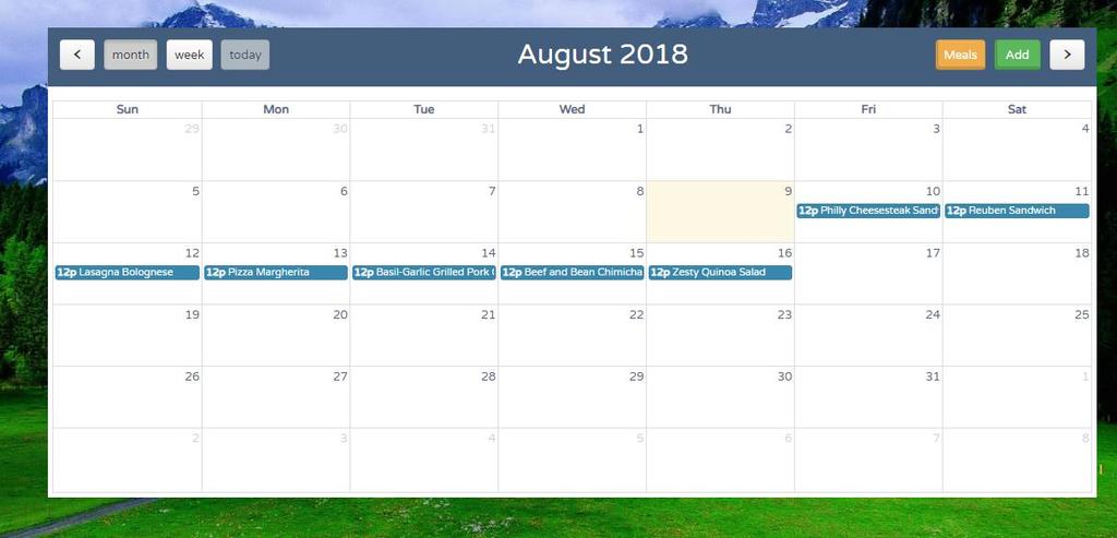Slika 18. Kalendarski prikaz korisnikovog plana Posjetom stranice naziva Calendar, korisnik dolazi do kalendarskog prikaza planiranih jela.