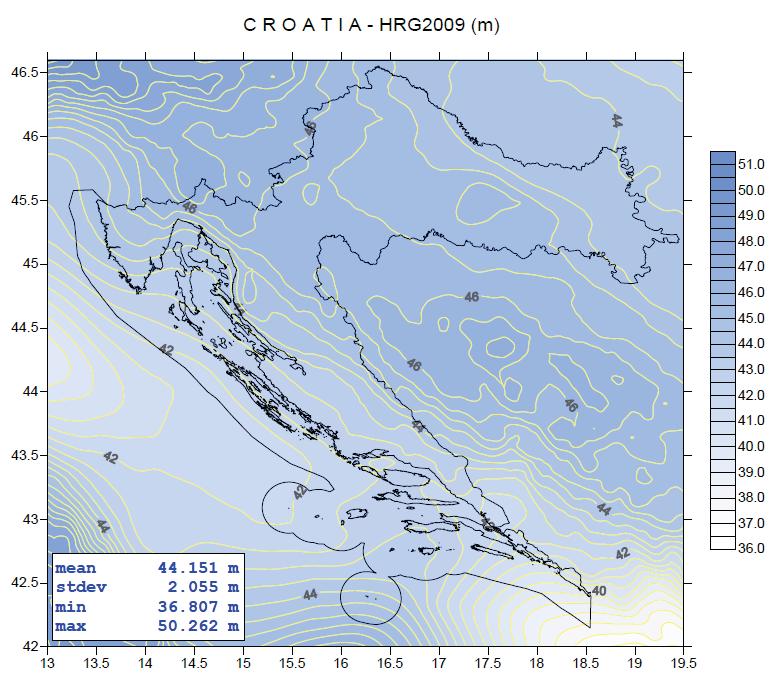 Slika 5: Novi model geoida Republike Hrvatske HRG2009 Procjena kvalitete HRG2009 modela kvazigeoida urađena je na dva načina.