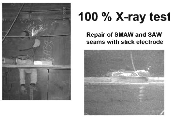 Ako se na radiografskom filmu prikažu bilo kakvi defekti kao što su nedostatak stapanja, uključci troske, prsline itd, ove defekte treba izbrusiti i reparirati korišćenjem elektrode prečnika