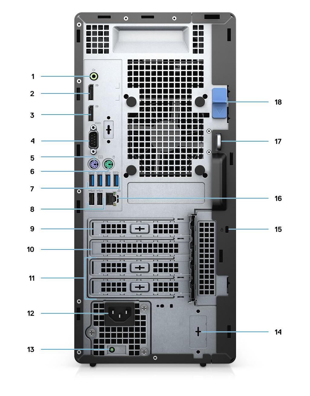 Prikaz sa zadnje strane Slika 2. Prikaz sa zadnje strane 1. Audio priključak linijskog izlaza 2. DisplayPort v1.2 (2) 3. Opcionalni modul (HDMI 2.0, DP, VGA ili USB tip C alternativni režim) 4.
