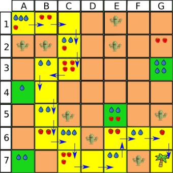 Tačan odgovor: Na slici je prikazana jedina tačna putanja: A1,B1,C1,C2,C3,B3,B4,B5,B6,C6,C7,D7,E7,E6,F6,G6,G7 Ispod možete videti primer sa ispravnom putanjom u žutoj boji: Na svakom polju ima