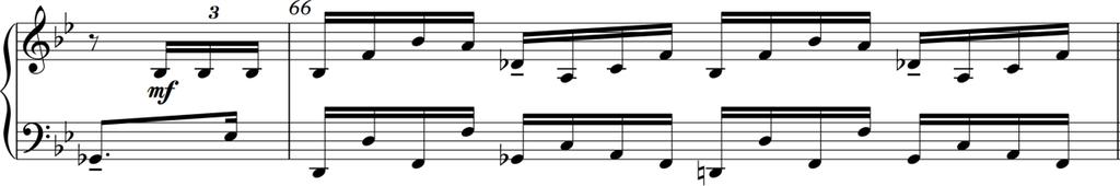 66 pojavljuje se novi motiv provedbe b u klavirskoj dionici na kojeg se nadovezuje materijal druge teme u dionici flaute uz provođenje motiva a i novog motiva provedbe b u dionici klavira. Primjer 1.