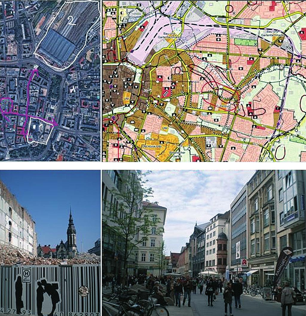 Railway station, pedestrian streets (above, left; drawing by authors on Google maps background), urban plan (top right, source: https://english.leipzig.