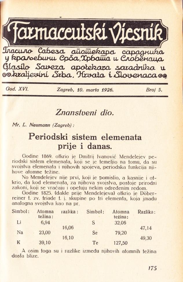Ivanović Mendeljejev. Posmrtna besjeda, Gustava Janečeka. Članak je u nastavcima objavljen i u prva četiri broja 1909. godine, a govori o životu i postignućima D. I. Mendeljejeva (Janeček, 1909).