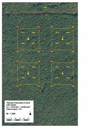 Slika 2.: Položaj trajne pokusne plohe na terenu prikazan u mjerilima 1:1000 i 1:5000 Sva su stabla na podplohi brojčano obilježena te prostorno evidentirana pomoću Field- Map sustava.