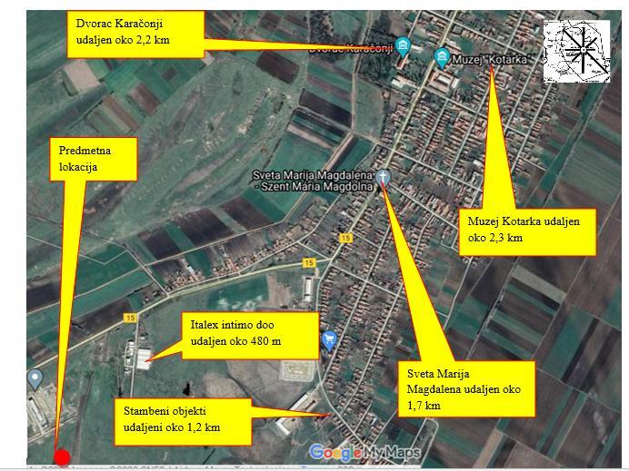 Slika 2.1.4: Položaj lokacije u odnosu na ostale objekte i uticaj ruže vetrova Stambeni objekti koji se nalaze sa jugoistočne starne su udaljeni oko 1,2 km od objekta biogasnog postrojenja.