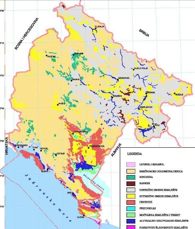 Pedološka karta Crne Gore Na području opštine Bijelo Polje najzastupljenija su smedje kisjela zemljišta, u manjoj površini planinske crnice, i neznatno, uz riječne tokove, aluvijalna zemljišta i