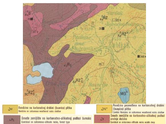 Slika 2.3. Prikaz pedološke karte šireg podruĉja lokacije Zemljišta na kreĉnjacima mahom su obrasla šumskom i travnom (pašnjaĉkom) vegetacijom.