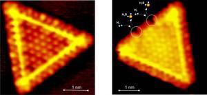 Left: Atom-resolved STM image of an MoS 2 nanocluster which is active as catalyst for removal of S from crude oil. The cluster is 3 nm wide and consists of 78 Mo atoms and 204 S atoms.