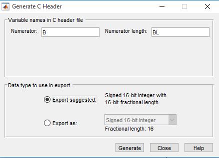 FIR filtar FDATool Export to... File Export Coefficient File (ASCII) and Format: Decimal, Hexadecimal, Binary čuva se u.