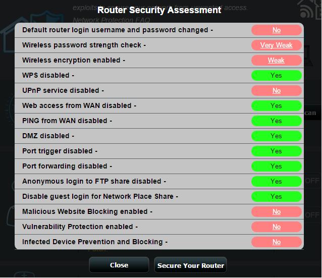 VAŽNO! Za stavke označene kao Yes (Da) na strani Router Security Assessment (Sigurnosna procena rutera) se smatra da imaju bezbedan status.