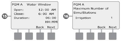 5 6 Pojavljuje se ekran s pregledom vremenskog okvira u kojem je dopušteno navodnjavanje, s prikazanim vremenom početka, vremenom kraja dopuštenja i duljinom trajanja.