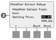 Podešavanje vremenskog senzora Okrenite odabirač programatora na "Delay Watering" Odgoda navodnjavanja.