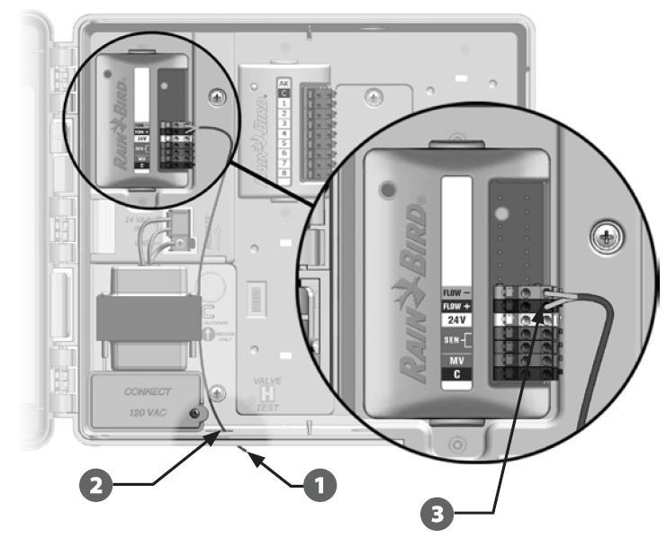 Spajanje Senzora protoka Ugradite senzor protoka na terenu prema uputama proizvođača, te dovedite žice sa senzora protoka do ESP-LXME programatora.
