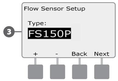Pojavljuje se ekran "Flow Sensor Setup". Tipkama + i odaberite tip instaliranog senzora protoka.