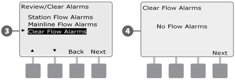 Brisanje alarma protoka Okrenite odabirač programatora na Module Status 4 Pojavljuje se ekran "Review/Clear Alarms" pregled i brisanje alarma.